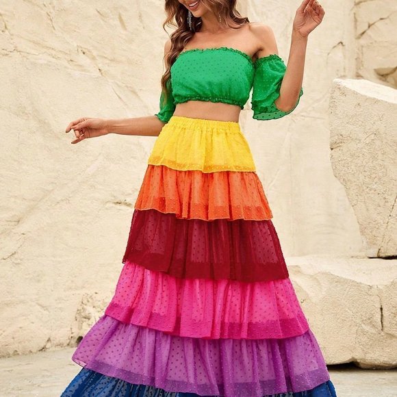 . Dresses & Skirts - Multicolor Casual Womens Off Shoulder Crop Top & Colorblock Layered Hem Skirt